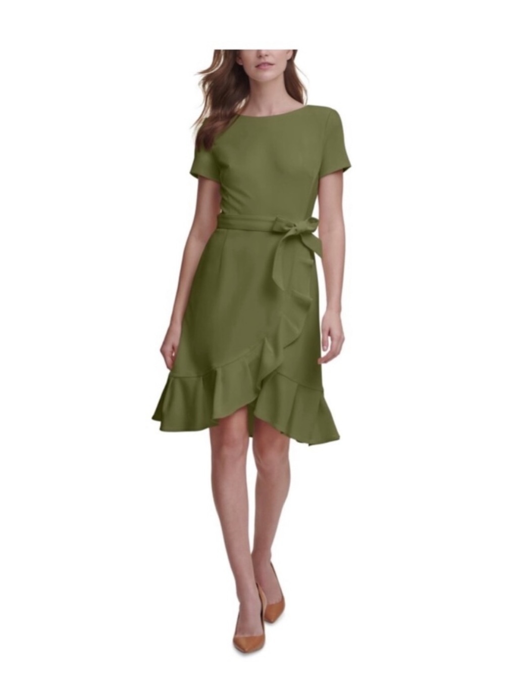 Calvin Klein Olive Green Ruffled Faux Wrap Boatneck Minimalist Belted Dress 12